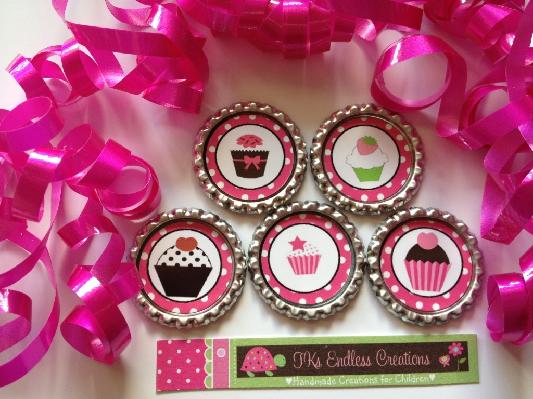 Cupcake Theme Finished Bottle Caps Lot Of 6 Great For Crafts, Hair Bow Centers, Jewelry,