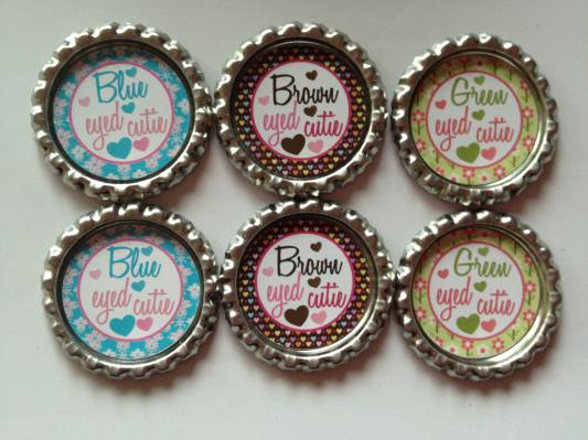 Brown Eye, Blue Eye, Green Eye Cutie Theme Finished Bottle Caps Lot Of 6 Perfect For Hair Bow Centers And Jewelry!